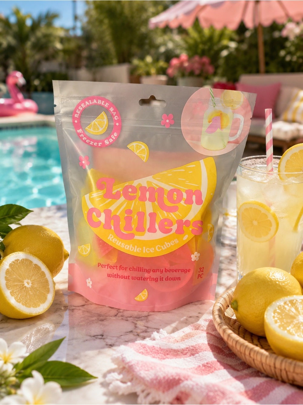 Lemon Chillers Reusable Ice Cubes - Pink & Yellow (32 pcs) NWT